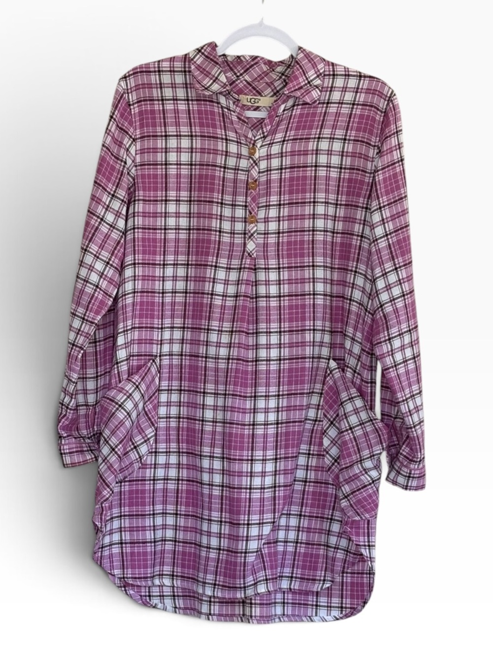 UGG Pink Plaid Button-Front Long Sleeves Nightgown Sleep Shirt Size s